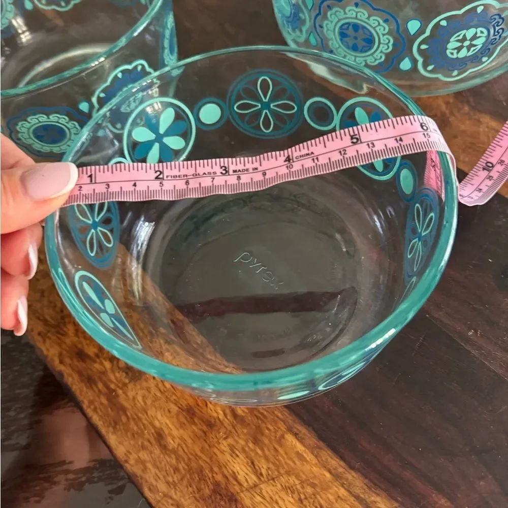 Turquoise and  Blue Daisy Pinwheel Design Pyrex Bowls